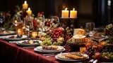 b'A beautifully decorated table set with food and wine'