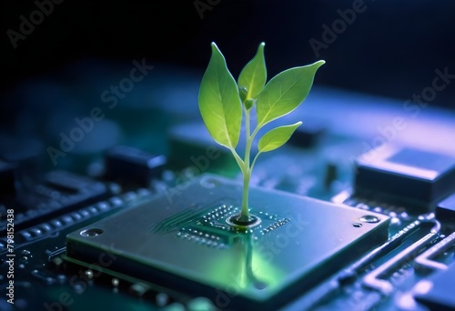 A green plant sprout growing out of a computer circuit board, symbolizing technology and nature coexisting