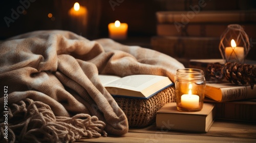 b'cozy home reading nook with books and candles' photo