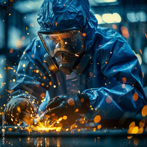 b'welder wearing protective gear working in factory' © duyina1990