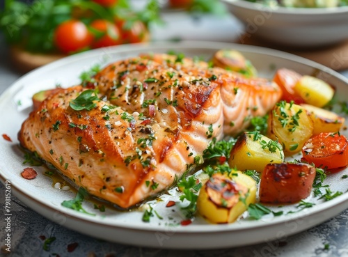b Salmon with roasted potatoes and cherry tomatoes 