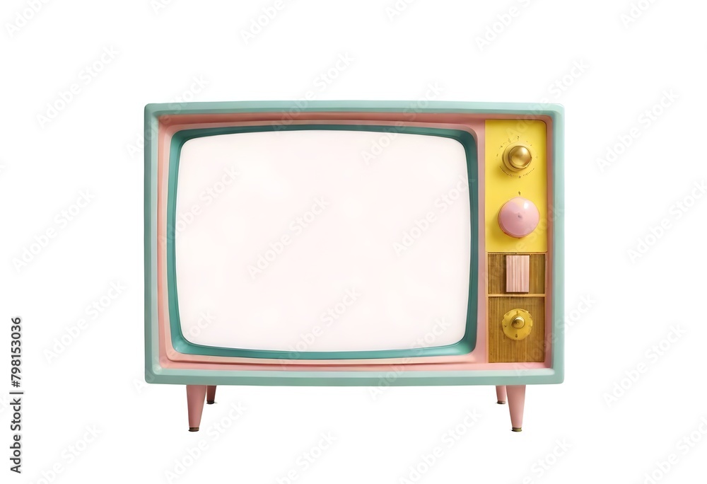 A retro-style television set with a turquoise blue frame and orange knobs. The screen is blank, allowing the viewer to focus on the vintage design of the television.