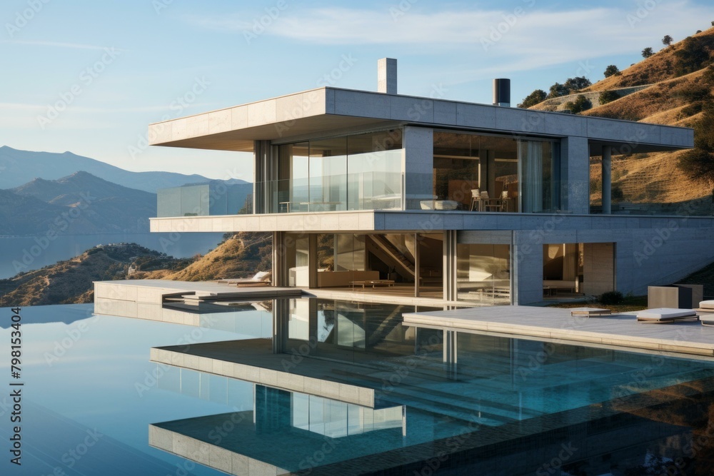 b'Modern house with infinity pool overlooking mountains'