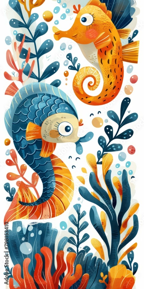 Obraz premium b'Illustration of two cartoon fish and some aquatic plants'