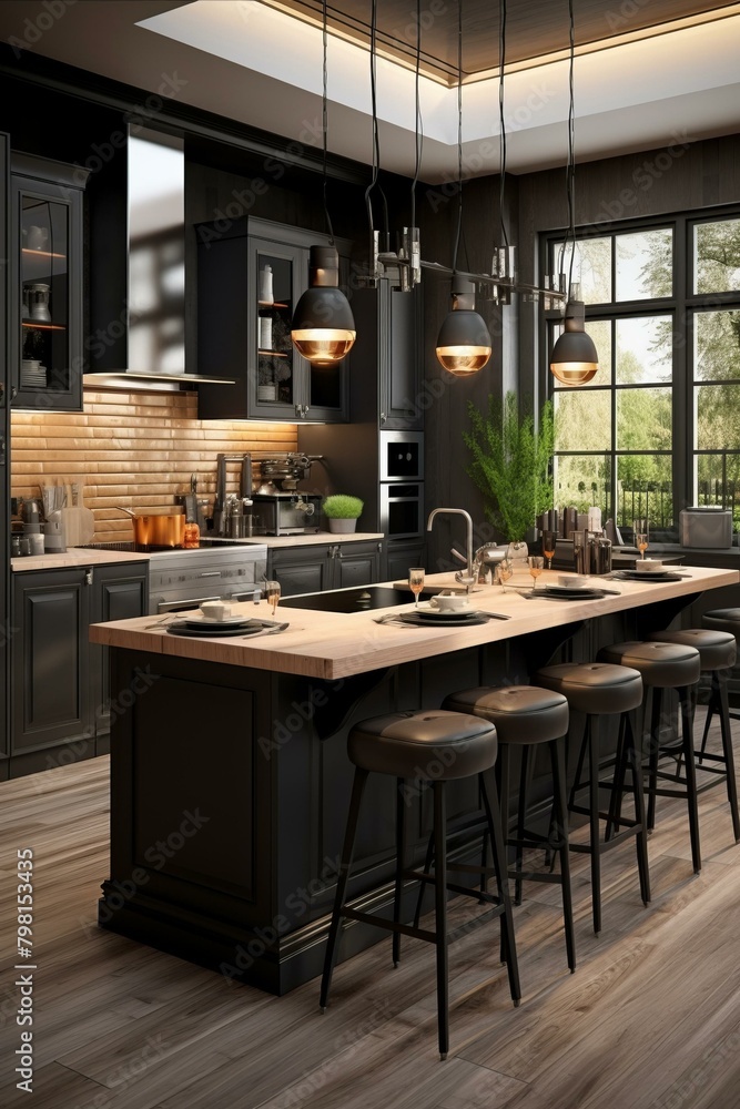 b'Black kitchen island with copper accents and dark wood floors'