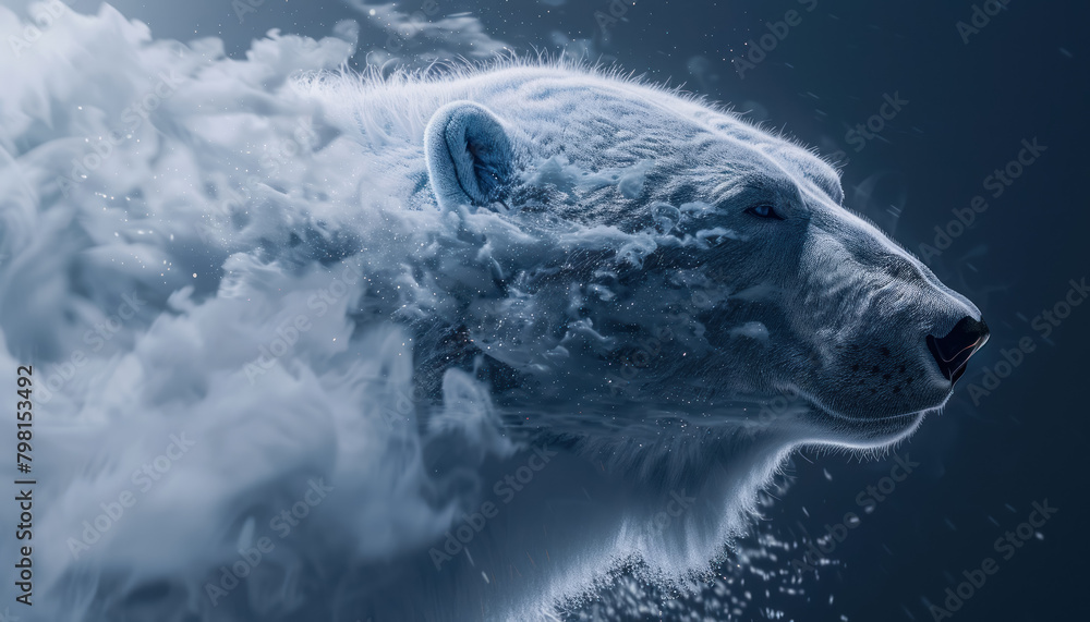 Obraz premium ethereal polar bear emerging from mist representing climate change on dark background, endangered species animal
