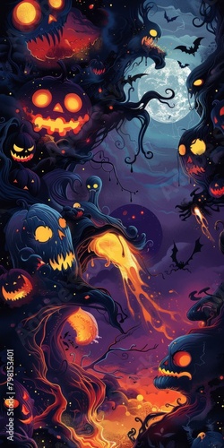 b'Halloween Pumpkin Head Tree Illustration'