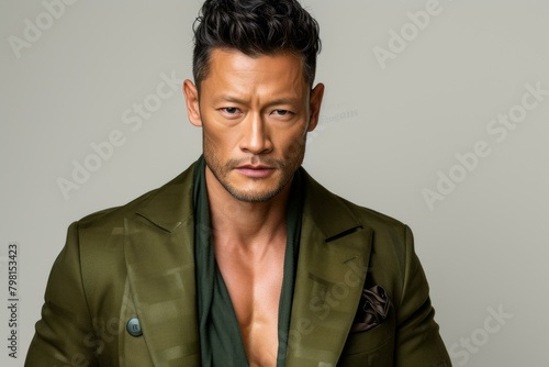 b'A portrait of a handsome Asian man in a green suit' © duyina1990