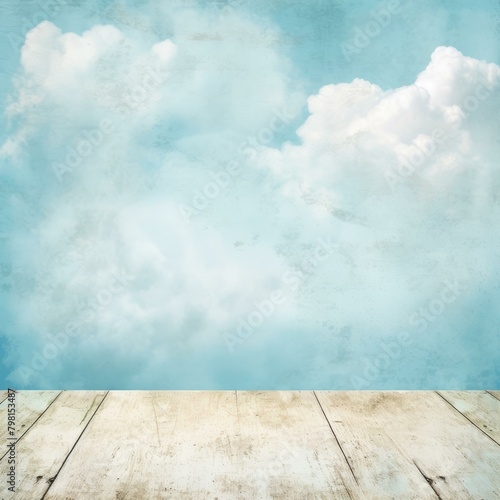 b Blue sky and white clouds with wooden floor 