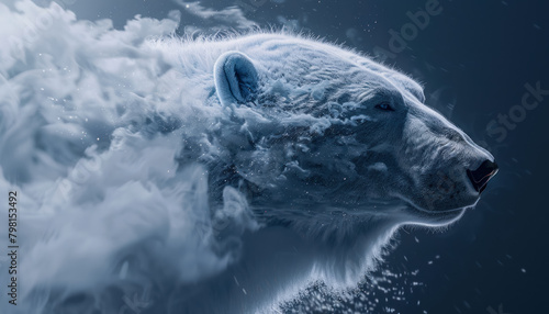 ethereal polar bear emerging from mist representing climate change on dark background, endangered species animal photo