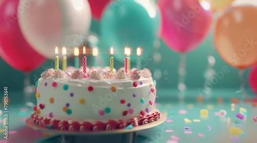 Birthday cake with lit candles and colorful sprinkles, with blurred balloons in the background. Celebration and party concept with copy space.