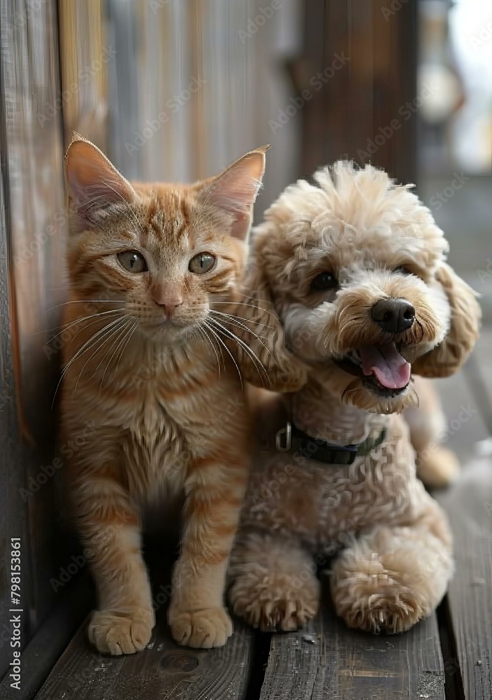 A ginger cat and a poodle are sitting on a wooden floor. A ginger cat and a poodle are sitting on a wooden floor.