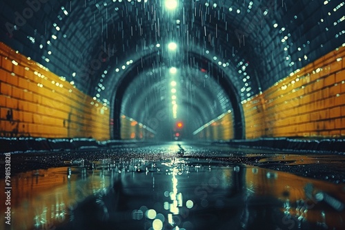 Lo-Fi Tunnel Vision: Distorted Headlights Pierce the Darkness in a Glittering City Underpass