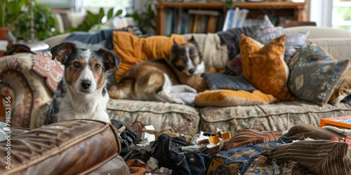 b'A living room in a state of organized chaos with two dogs on the couch'