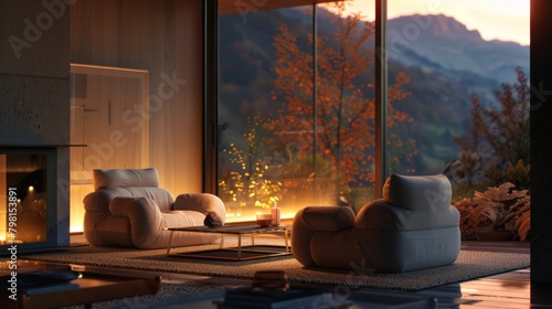 As the sun sets the room transforms into a luxurious haven with the armchairs and fireplace enveloped in a hazy defocused glow. The perfect setting for intimate conversations or a .
