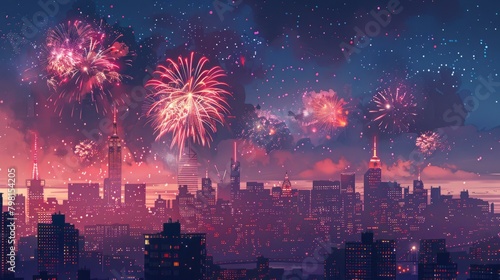 b'A beautiful illustration of a city skyline with fireworks in the background.'