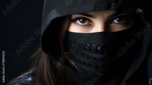 a woman wearing a black hood and a black mask