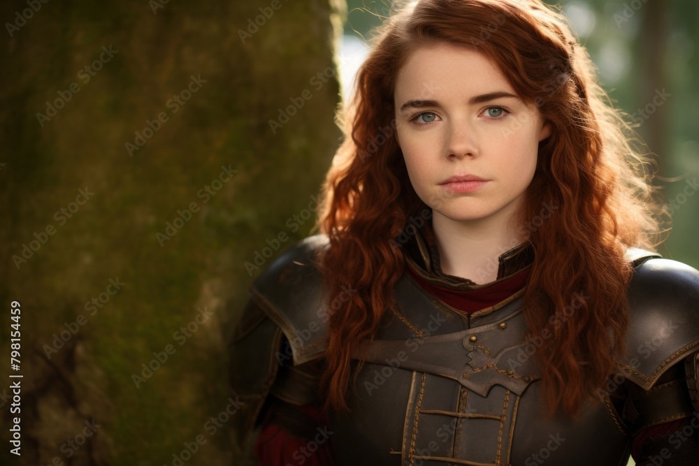 a woman in armor standing next to a tree a woman in armor standing next to a tree