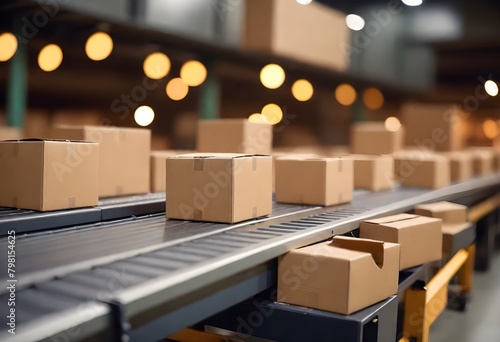 multiple cardboard box on a conveyor belt with blurred lights in the background