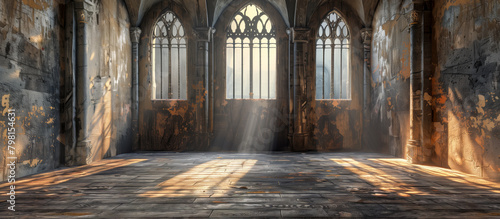 Rays of sun light filtering through the windows of an abandoned medieval church photo