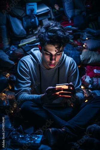 b'Young man looking at his phone in a dark room full of clutter'