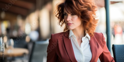 a woman with red hair wearing a red blazer photo