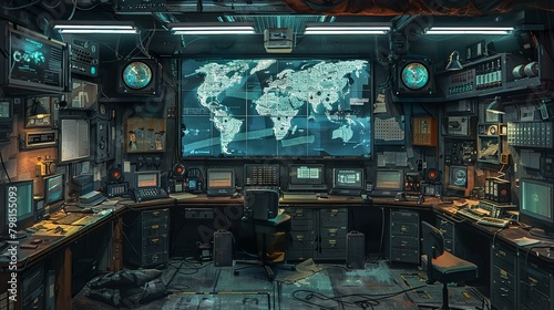 b'Futuristic command center with world map' photo