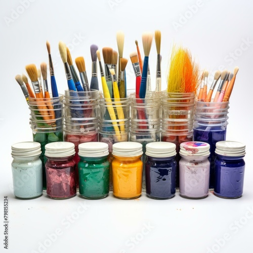 b'An assortment of paintbrushes and paint jars'