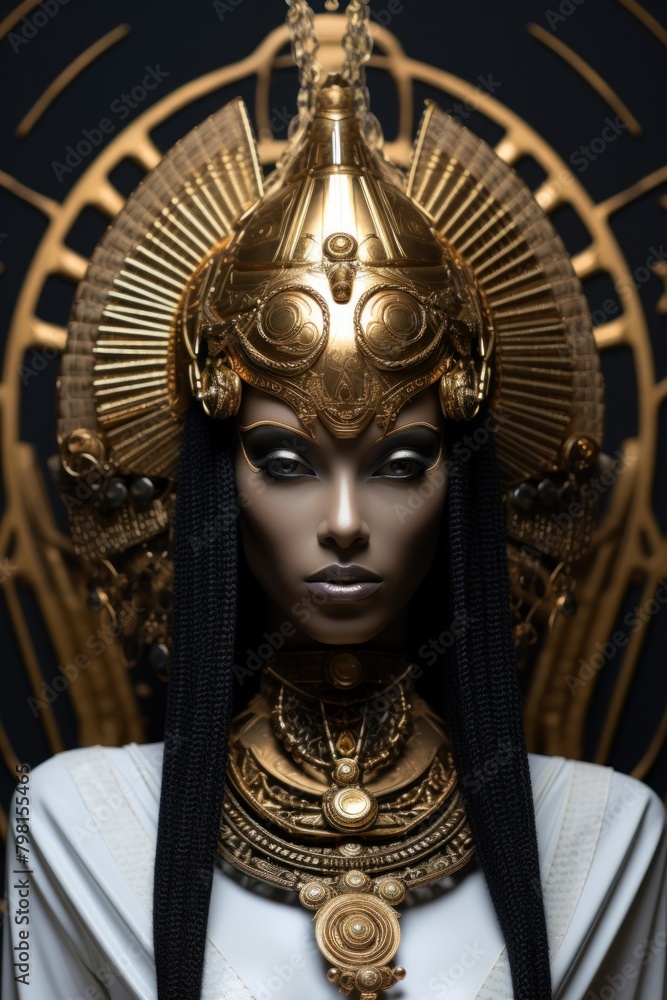 a woman wearing a gold and black garment a woman wearing a gold and black garment