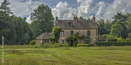 b'An English country house surrounded by trees'