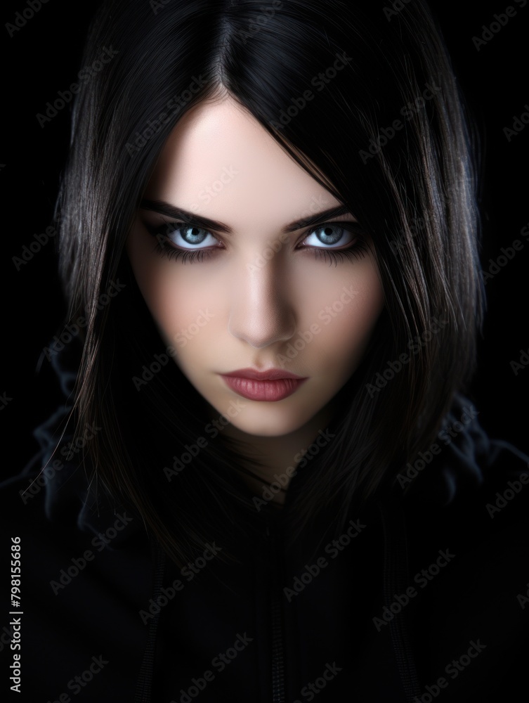 a woman with dark hair and blue eyes a woman with dark hair and blue eyes