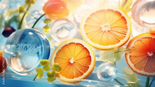 orange slices of oranges and grapes on a glass plate photo