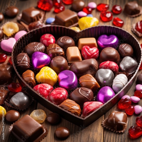a heart shaped box filled with orted chocolates photo