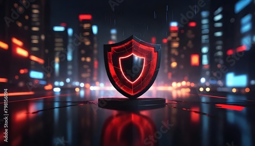 A glowing red shield with a dark silhouette in the center, floating on a reflective surface with blurred city lights in the background photo