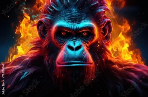 a blue monkey with red eyes and flames