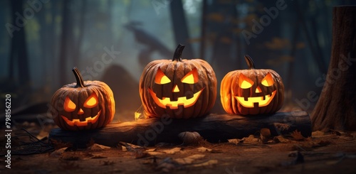 a group of carved pumpkins on a log