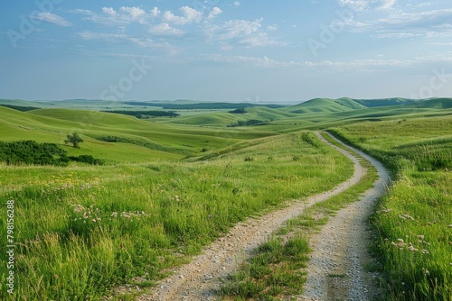b Dirt road through the green hills 