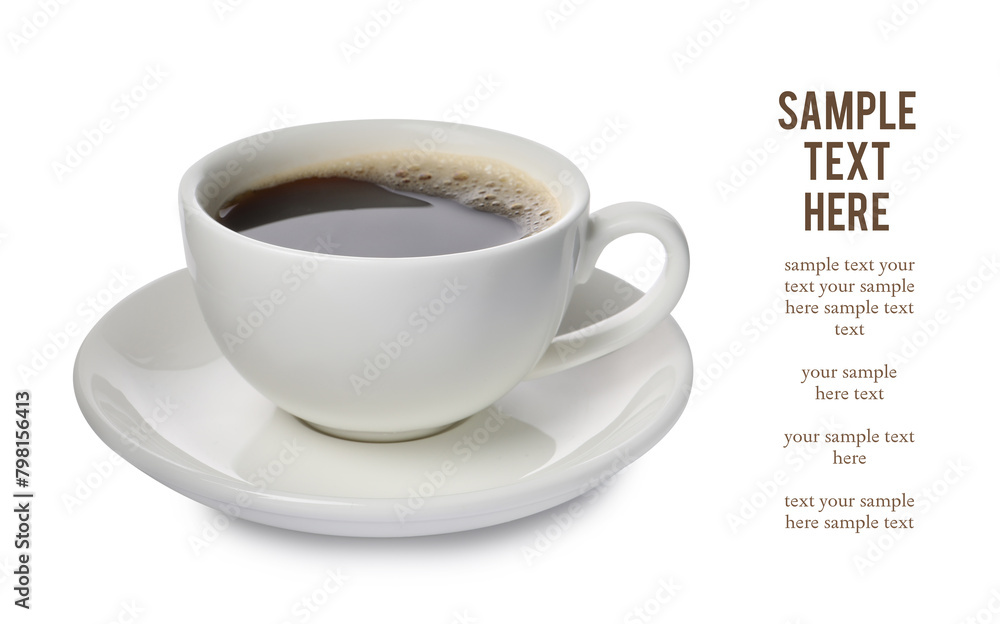 Aromatic coffee in cup and text sample on white background Aromatic coffee in cup and text sample on white background