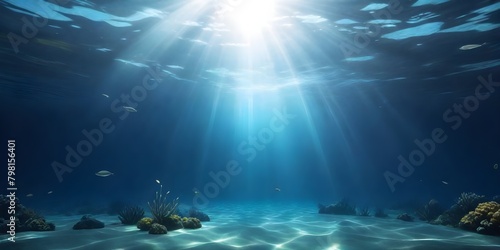 Underwater scene with sunlight beams shining through the water, creating a serene and tranquil atmosphere