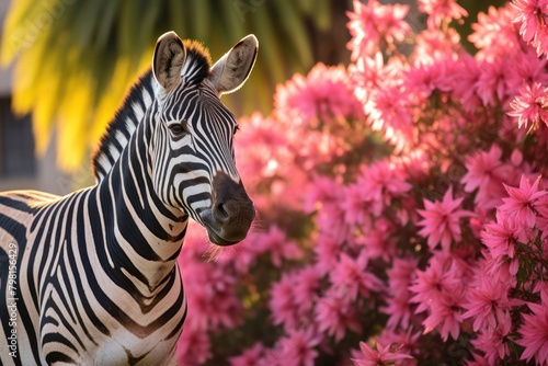 a zebra standing in front of pink flowers photo