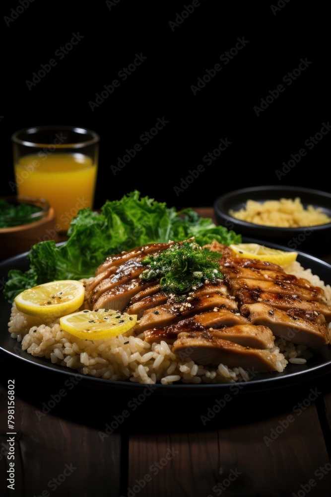 a plate of food with rice and meat