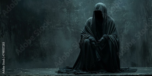 A dark figure sits on a wooden box in a dark room photo