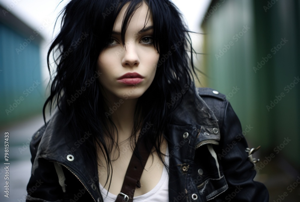 a woman with black hair and a leather jacket a woman with black hair and a leather jacket