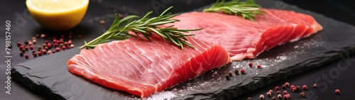 a piece of meat with rosemary on a black surface photo