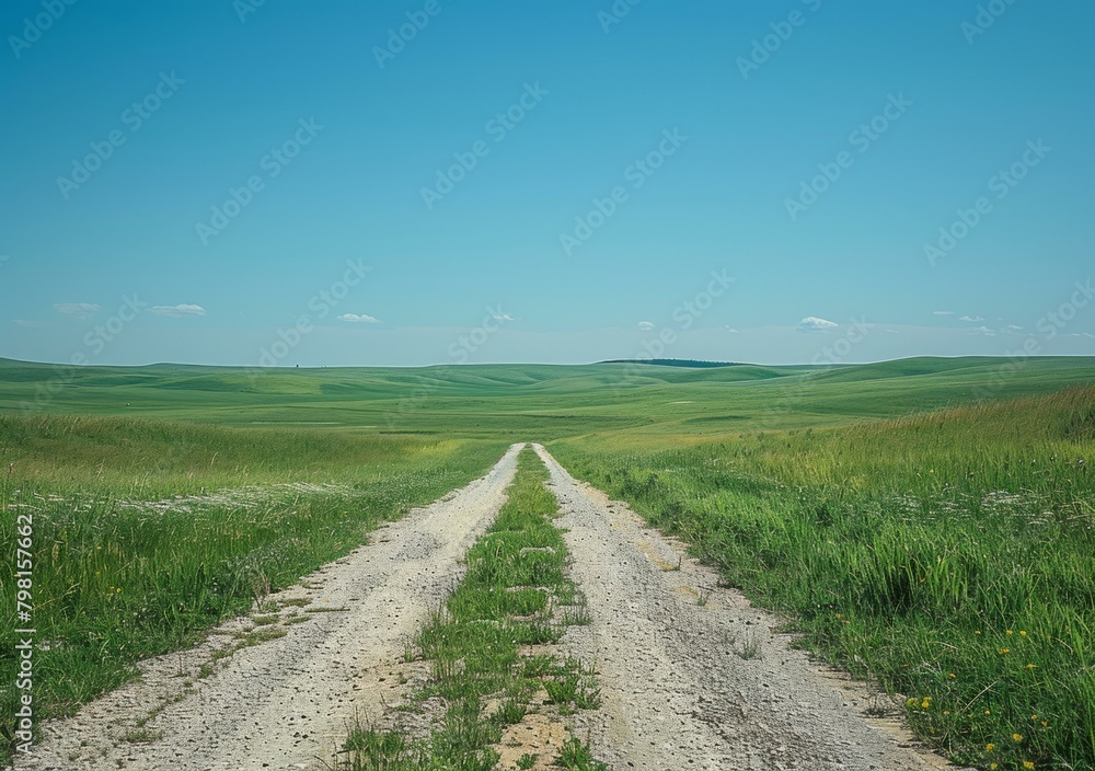 b'Prairie road under blue sky'