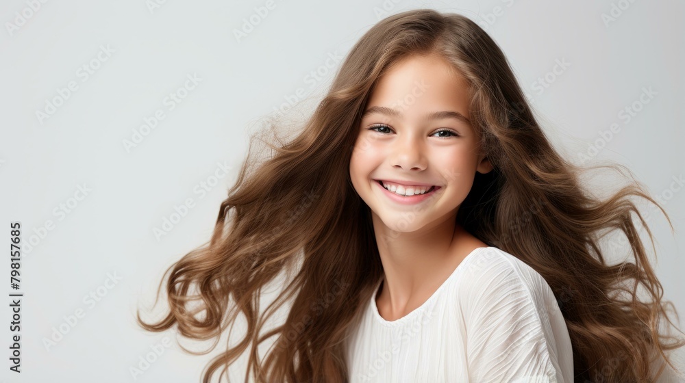 b'Portrait of a smiling young girl with long brown hair' b'Portrait of a smiling young girl with long brown hair'