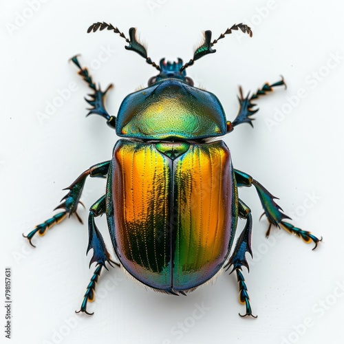 b'A green and gold scarab beetle on a white background' photo