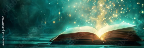 Mystery open book with shining light. Fantasy book with magic light and stars on a table with teal background and copy space 