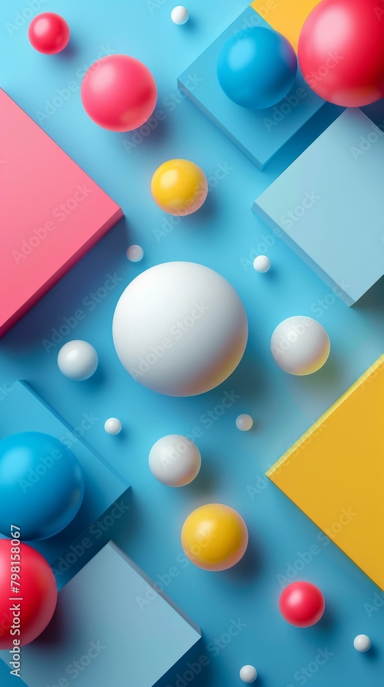 b'3D rendering of colorful balls and squares' b'3D rendering of colorful balls and squares'