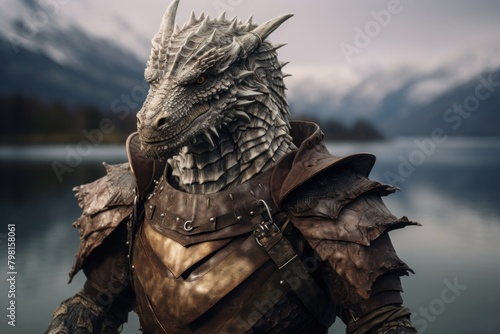 a dragon in armor with mountains in the background